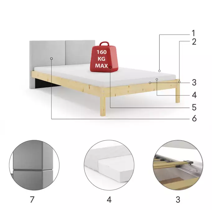 Soft bedroom bed Galaxy 160x200 with mattress, natural wood/ash - Image 3