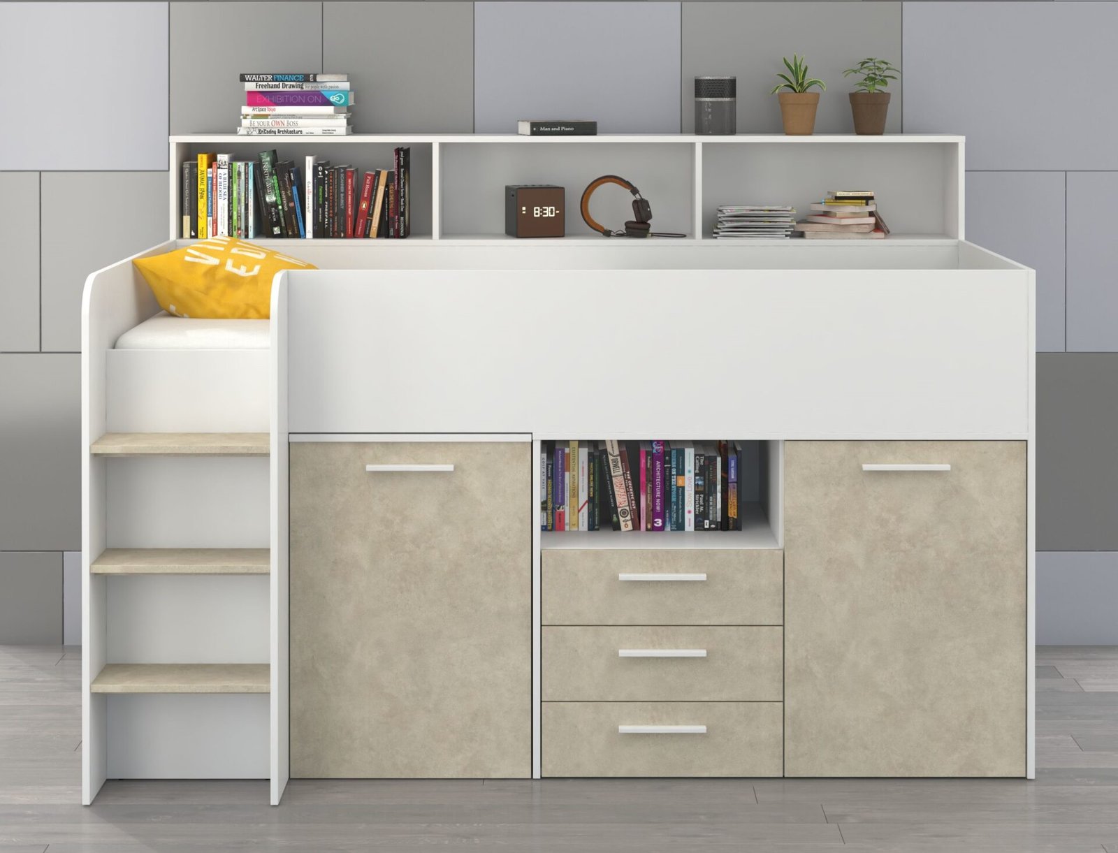 Children's bunk bed with mezzanine table ENO L, white, almond - Image 4