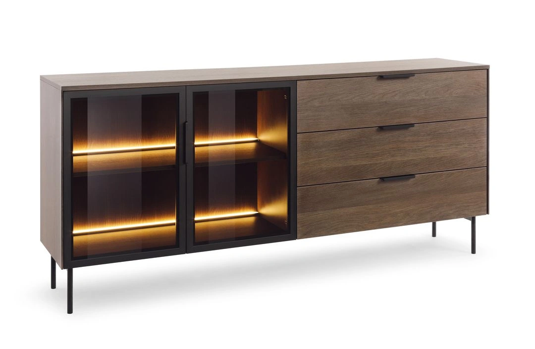 Lumi 2D3S chest of drawers with tempered glass ornamented grooves, Dunin oak