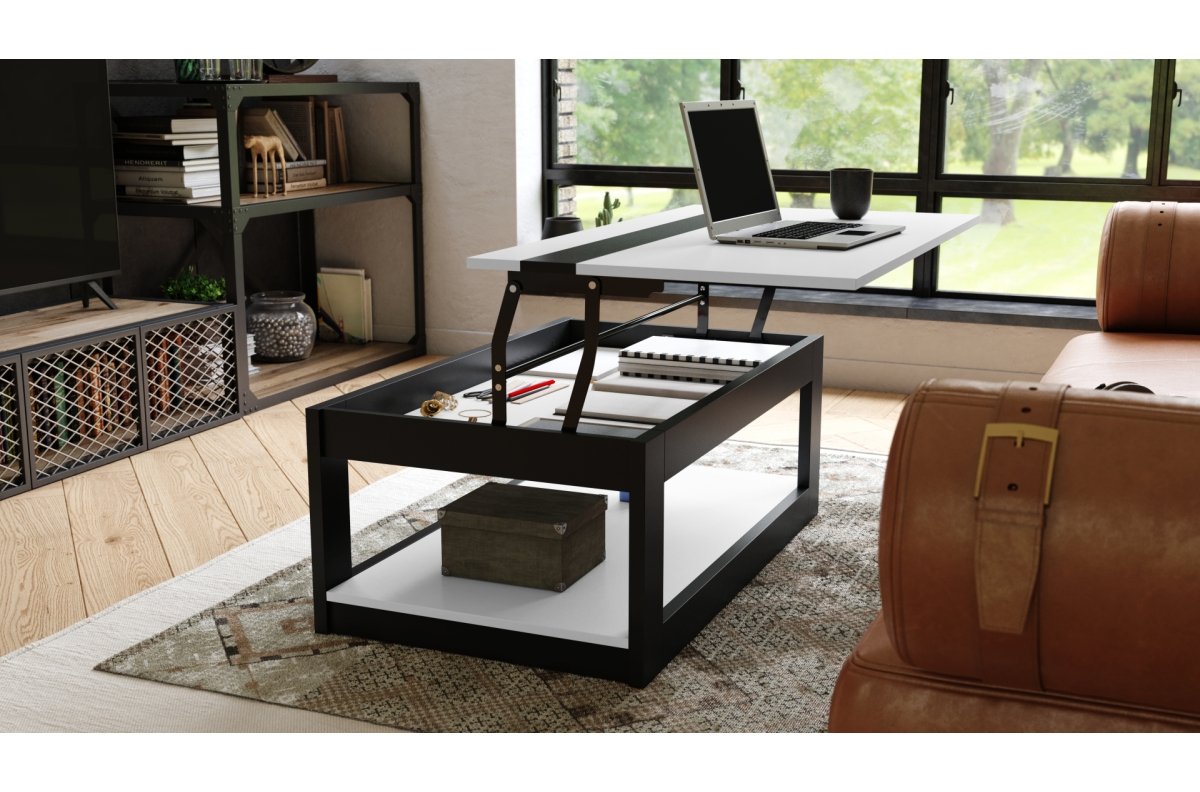 LUSSO matte white/matte black - MODERN COFFEE TABLE WITH LIFT TOP + STORAGE COMPARTMENT + SHELF (ON WHEELS!) - Image 3