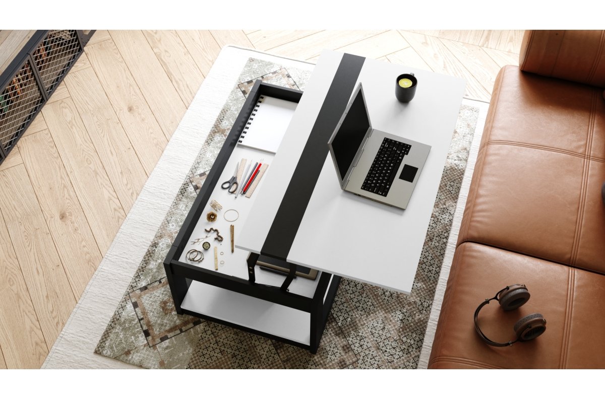 LUSSO matte white/matte black - MODERN COFFEE TABLE WITH LIFT TOP + STORAGE COMPARTMENT + SHELF (ON WHEELS!) - Image 4