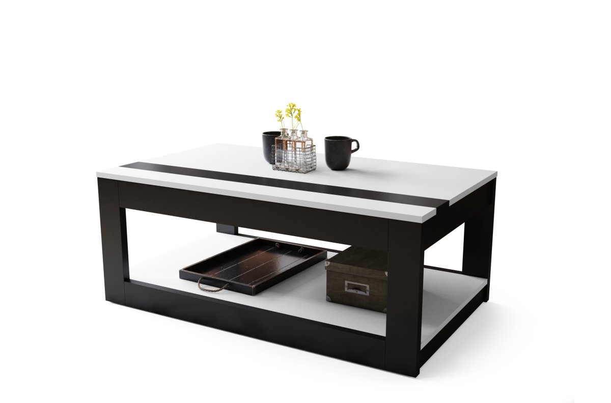 LUSSO matte white/matte black - MODERN COFFEE TABLE WITH LIFT TOP + STORAGE COMPARTMENT + SHELF (ON WHEELS!) - Image 6