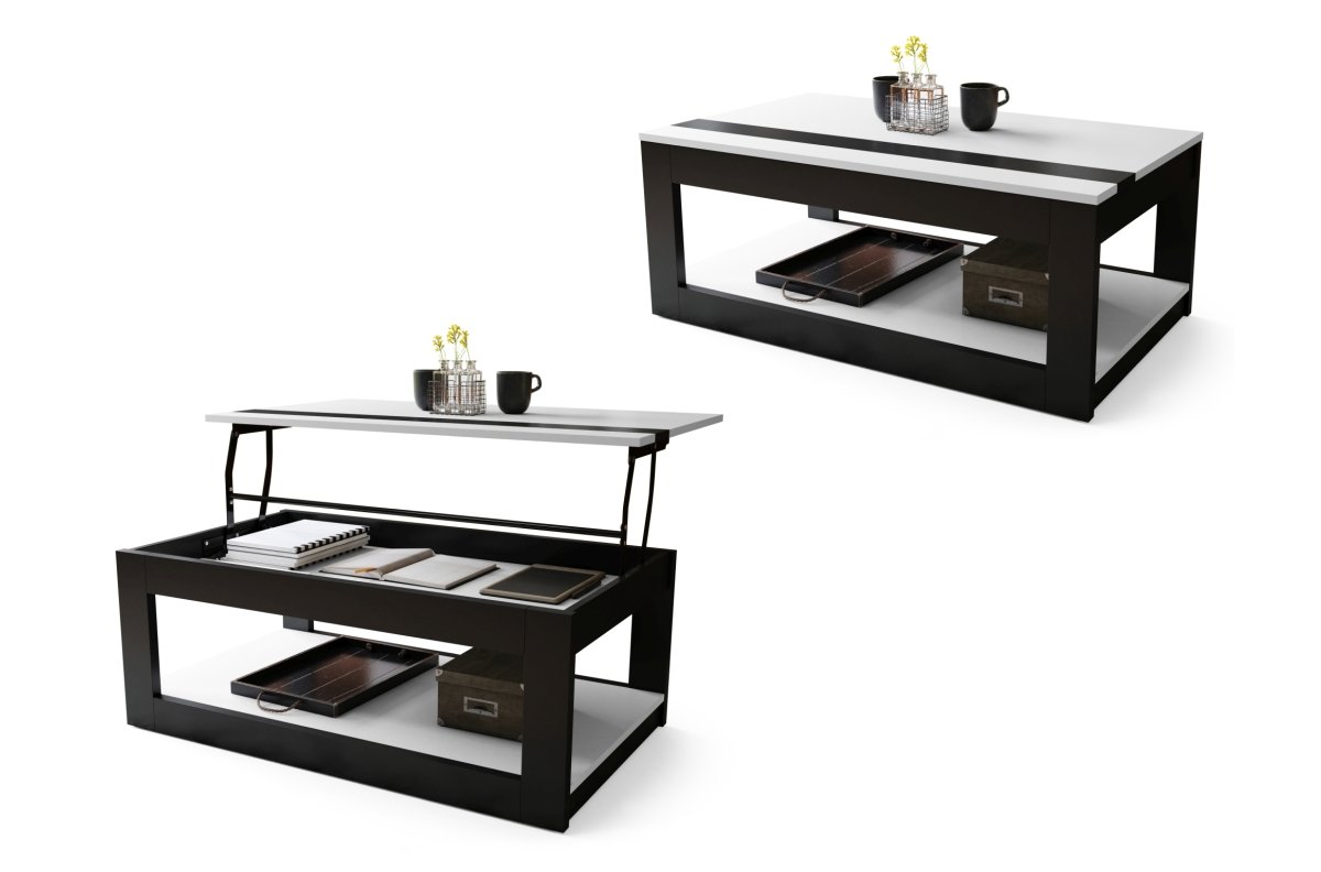 LUSSO matte white/matte black - MODERN COFFEE TABLE WITH LIFT TOP + STORAGE COMPARTMENT + SHELF (ON WHEELS!)