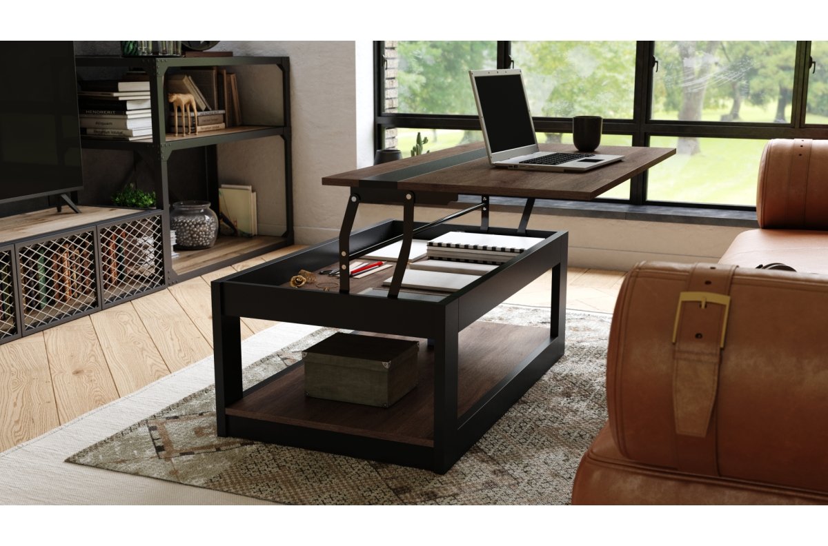 LUSSO Brown Oak/Matte Black - MODERN COFFEE TABLE WITH LIFT TOP + STORAGE + SHELF (ON WHEELS!) - Image 3