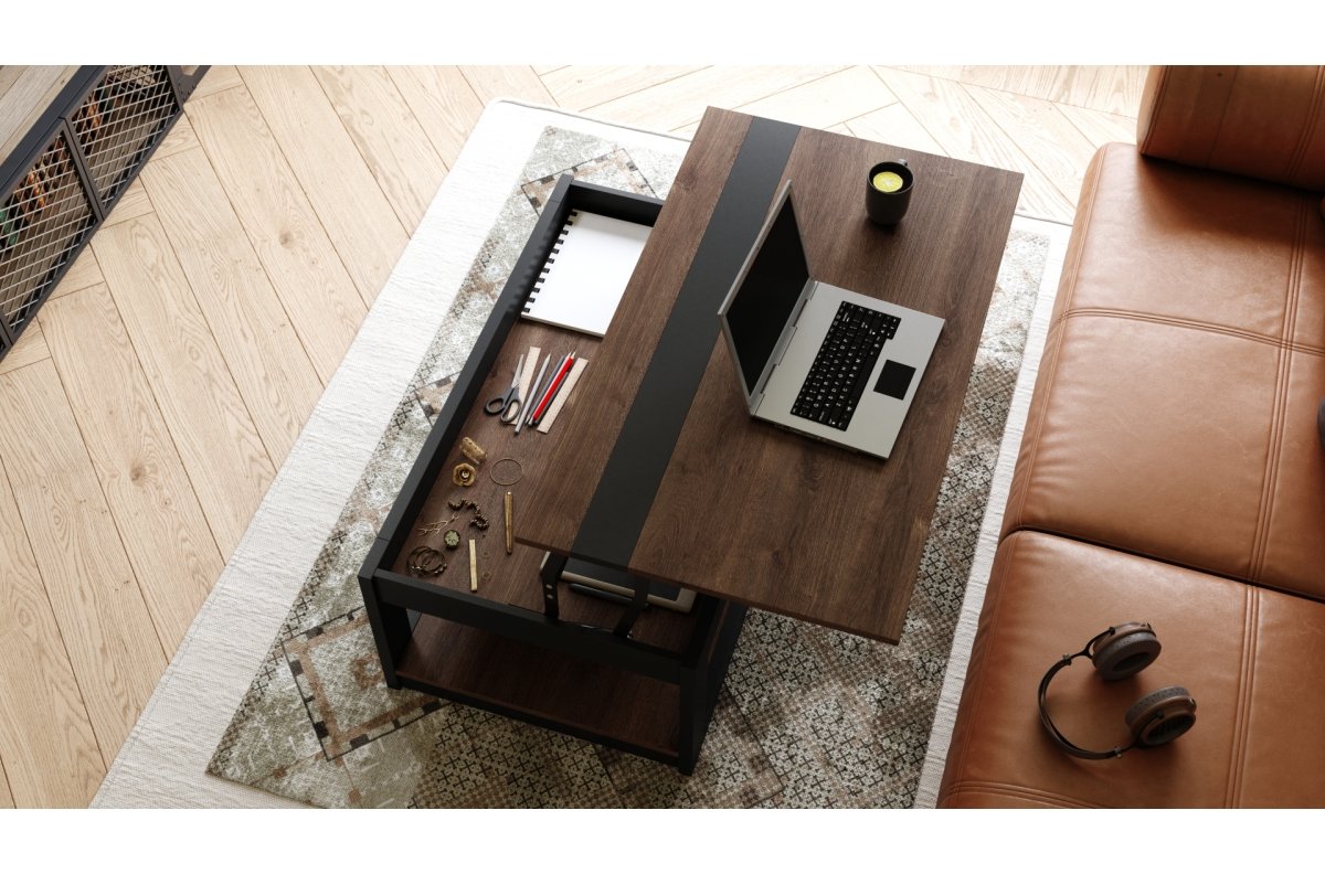 LUSSO Brown Oak/Matte Black - MODERN COFFEE TABLE WITH LIFT TOP + STORAGE + SHELF (ON WHEELS!) - Image 4
