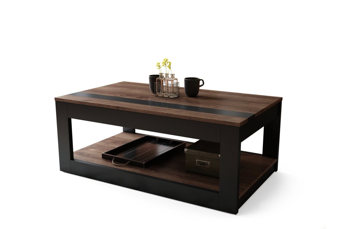 LUSSO Brown Oak/Matte Black - MODERN COFFEE TABLE WITH LIFT TOP + STORAGE + SHELF (ON WHEELS!) - Image 6
