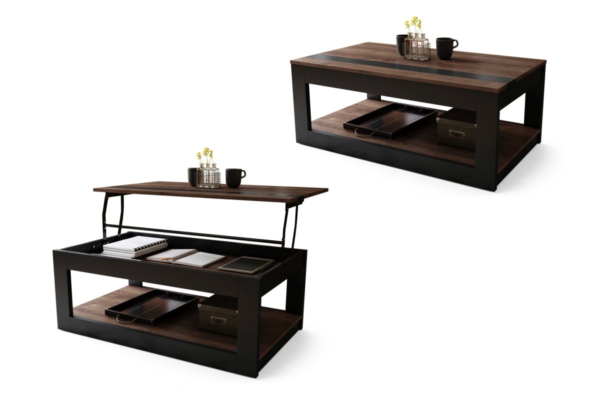 LUSSO Brown Oak/Matte Black - MODERN COFFEE TABLE WITH LIFT TOP + STORAGE + SHELF (ON WHEELS!)