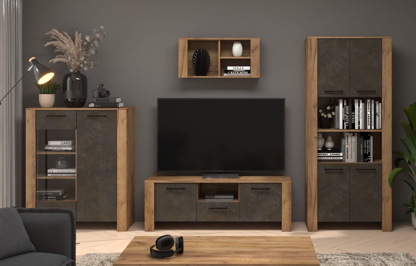 SLIDE furniture #1 display cabinet set, TV cabinet, shelf, oak, handicraft supplies, golden brown, game