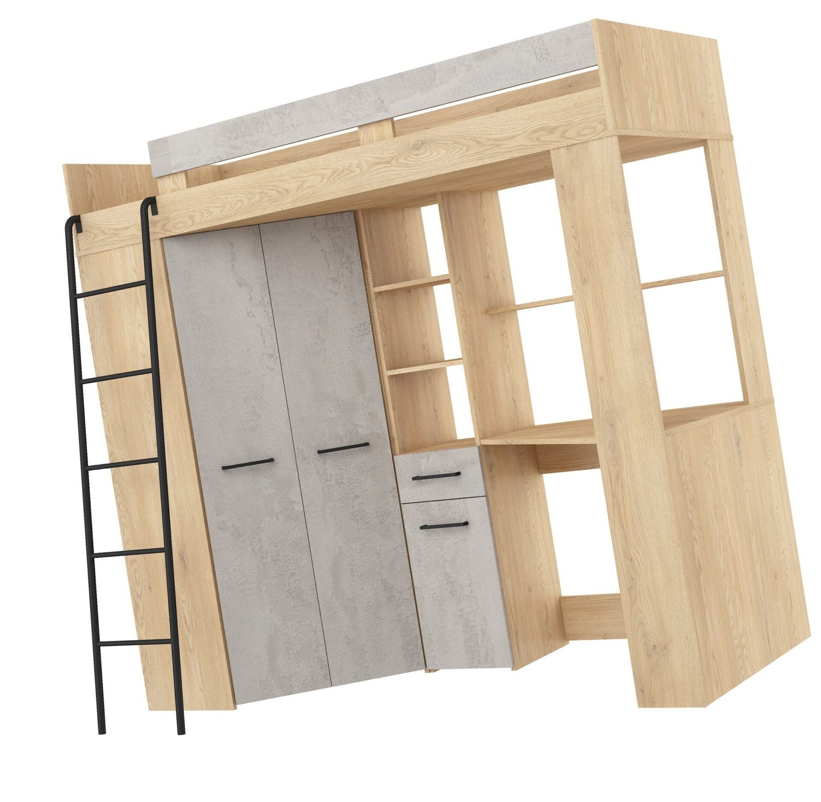 Bunk bed with table, corner wardrobe, mezzanine FLO L, Cremona oak, concrete - Image 8