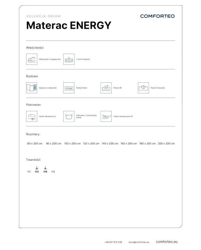 Energy medical mattress, 80x200 cm, multi-pocket, high springs, pneumatic foam, removable cover, H3/H4, Comforteo - Image 7