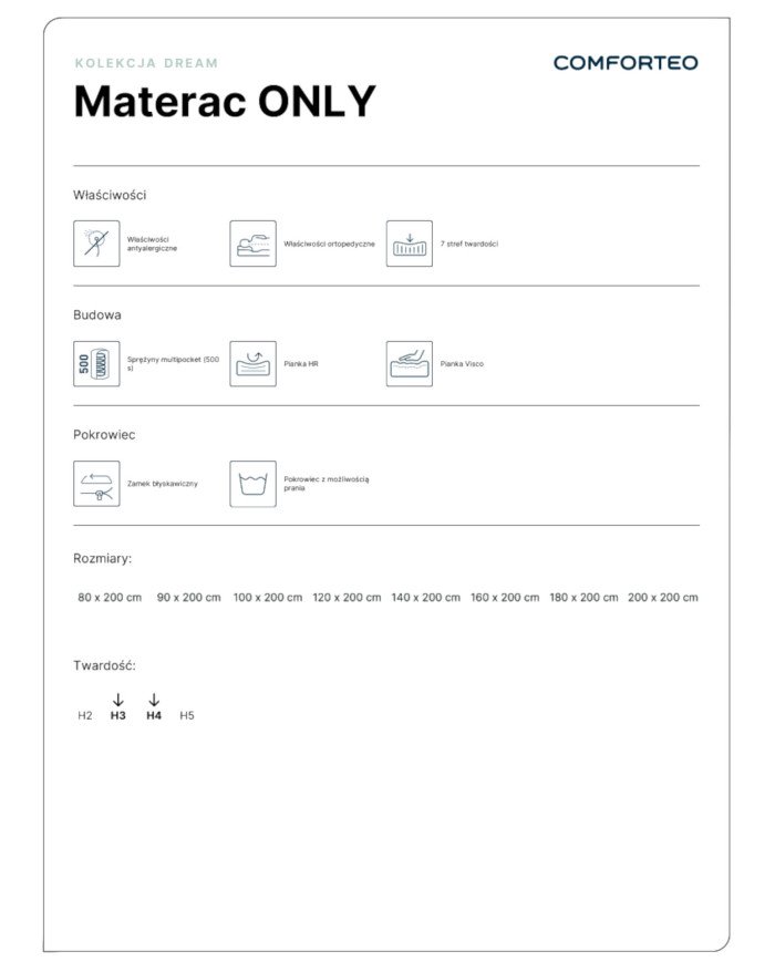Mattress "Only", 180x200 cm, double-sided, with multi-pocket springs, HR foam, viscoelastic foam, H3/H4, Comforteo - Image 7