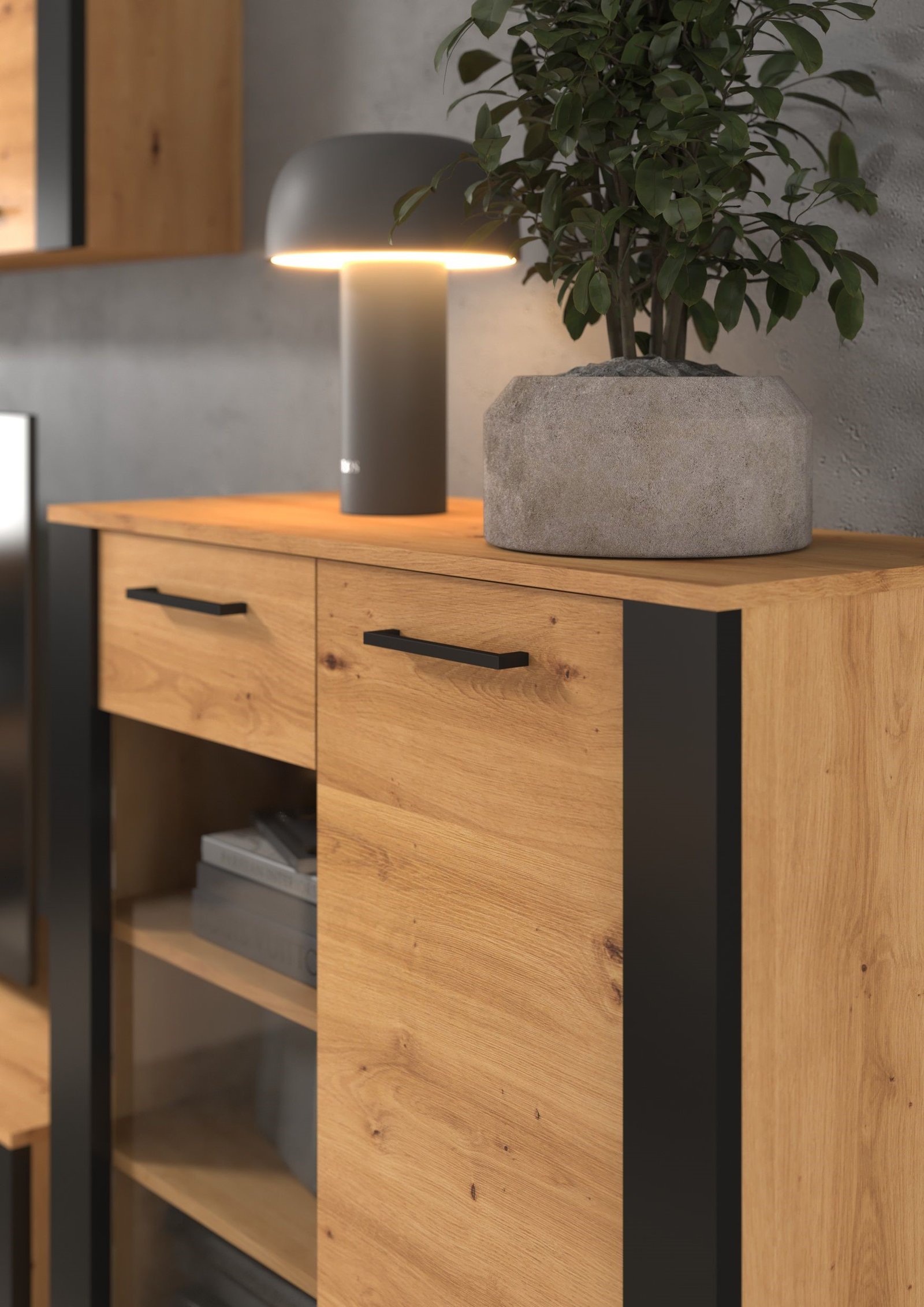SLIDE 05 furniture chest of drawers for living room, bedroom, artistic oak color, black - Image 3