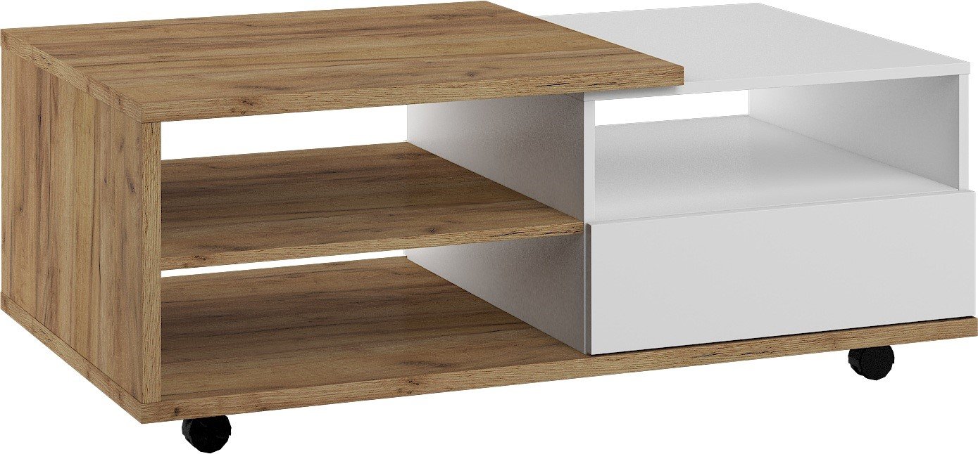 HYBRID 12-piece coffee table with drawers, oak color, gold color, white, glossyHYBRID