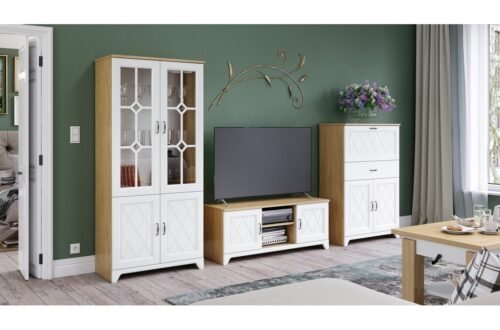 PROVENZA wall cabinet, stone oak color/matte white – TV cabinet, display case, chest of drawers/sale for retro style living room
