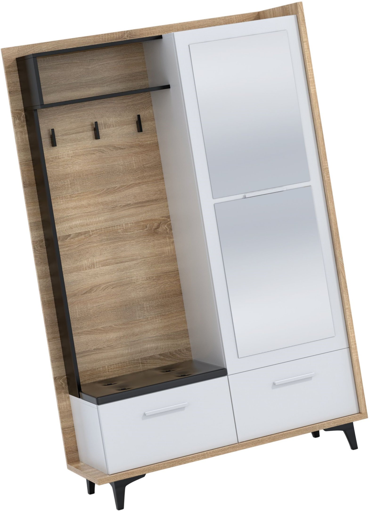 BOX 05 furniture hallway cabinet with seat and mirror, Sonoma white and black - Image 3