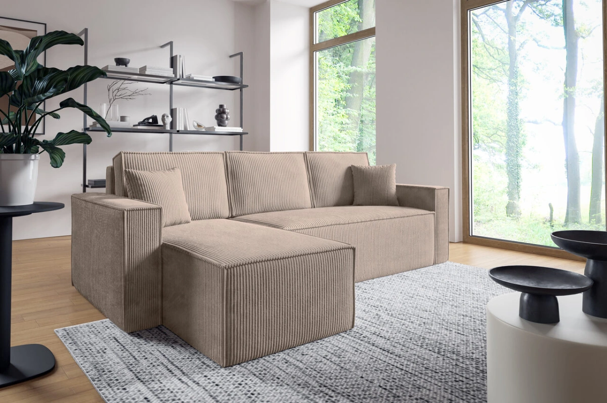 Extendable corner sofa with L-shaped arm