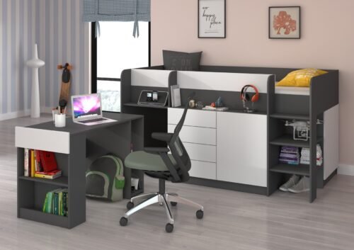 EMI P bunk bed, desk, chest of drawers, mezzanine, graphite/white