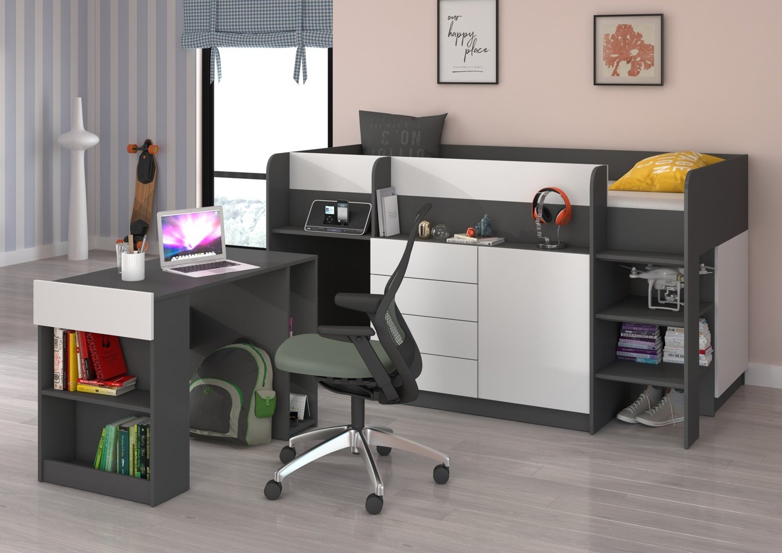 EMI P bunk bed, desk, chest of drawers, mezzanine, graphite/white