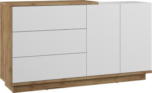 HYBRID 07 furniture, large chest of drawers with doors, oak color, gold and white colorHYBRID