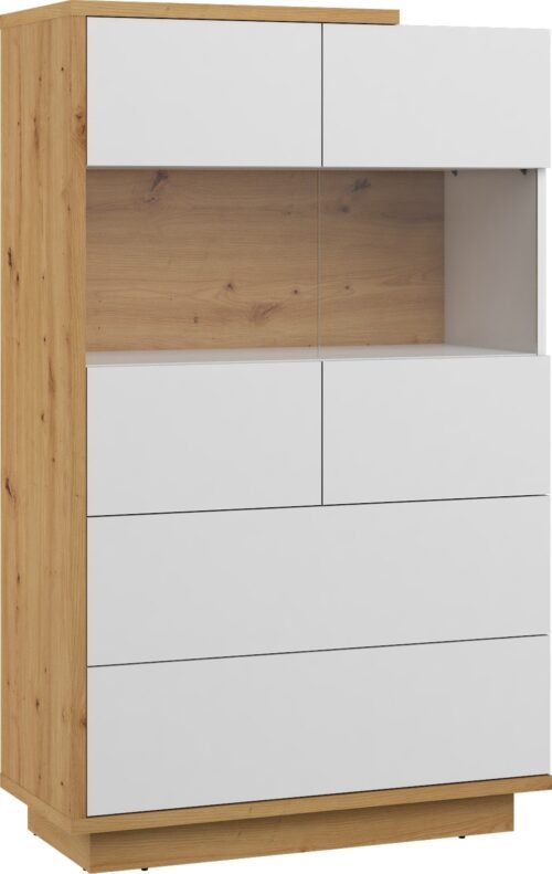 HYBRID 28 low display cabinet with drawers for the living room, faux oak color, white finishHYBRID