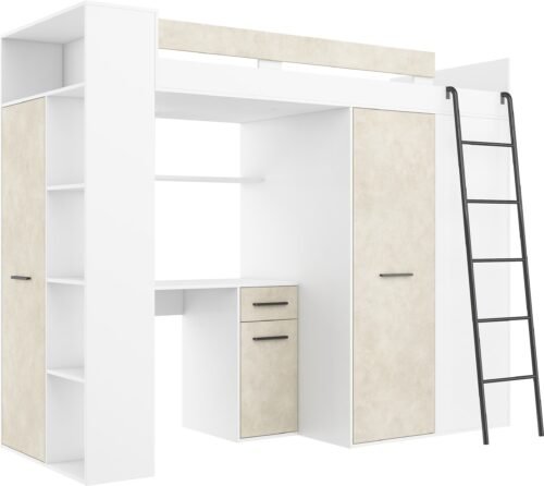 RAVENA P mezzanine with desk, wardrobe and chest of drawers, white, almond color