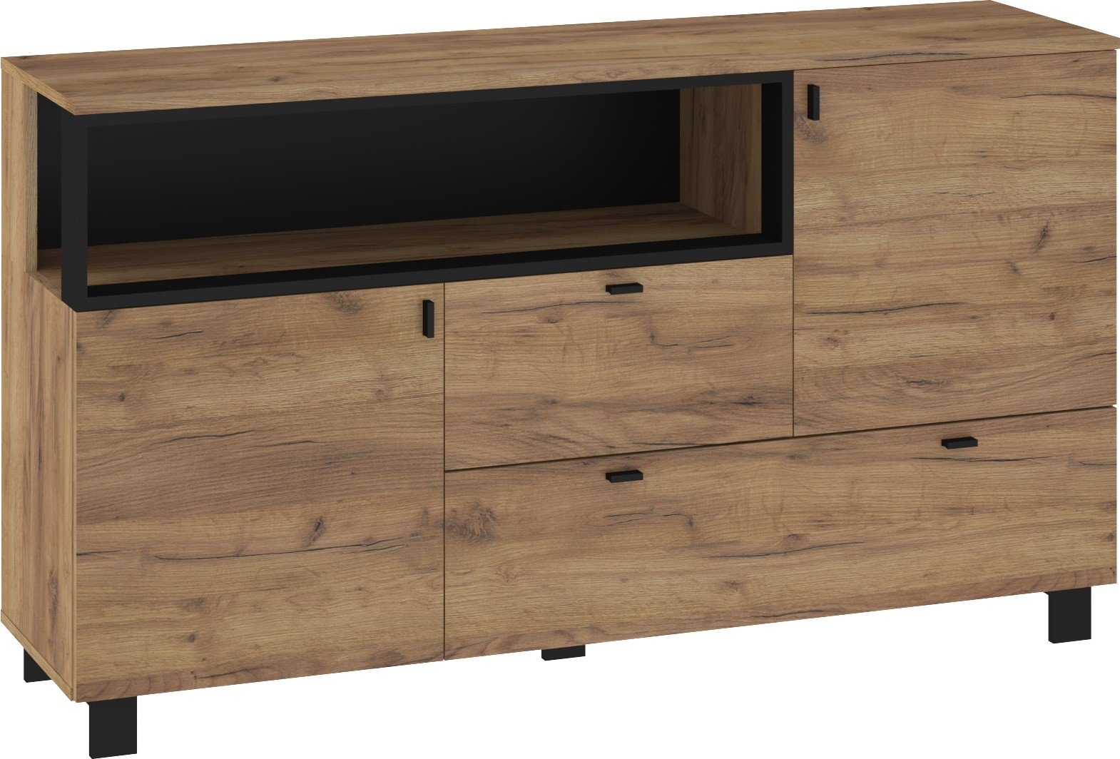 VEGAS 03 furniture, large chest of drawers with doors for the living room, oak with black color