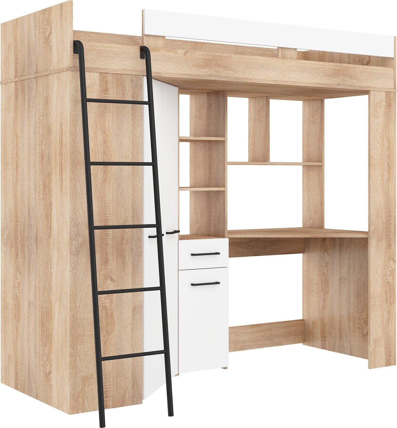 FLO L bunk bed with desk, corner wardrobe, mezzanine, Sonoma oak, white - Image 6