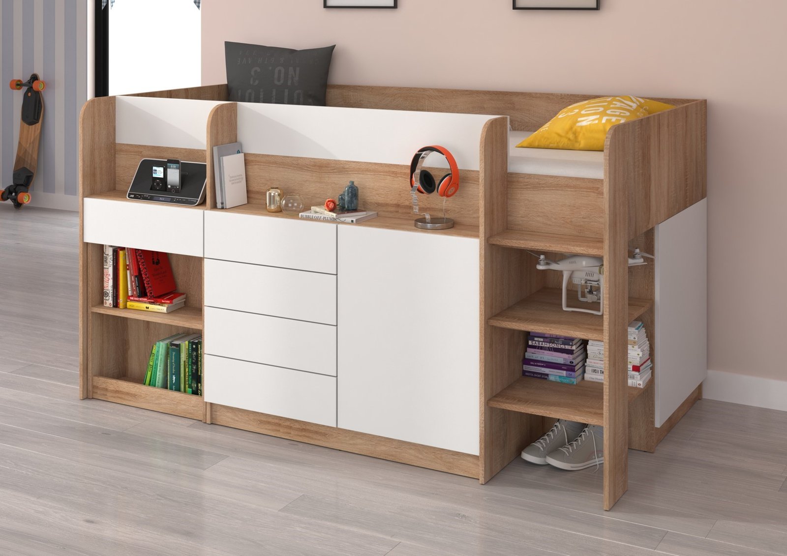 EMI P bunk bed, desk, chest of drawers, mezzanine, Sonoma oak, white - Image 2