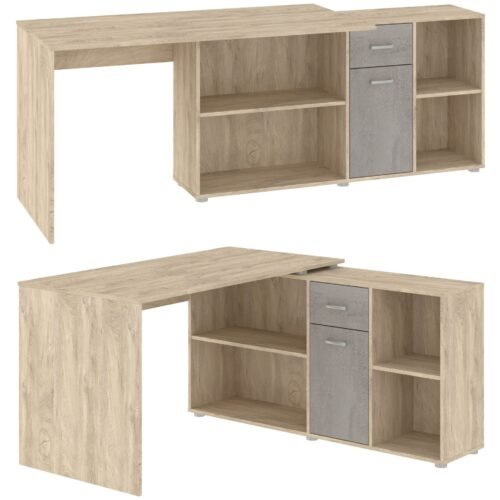 BEAT P corner table, straight, height-adjustable, gaming table, oak edges, concrete gray