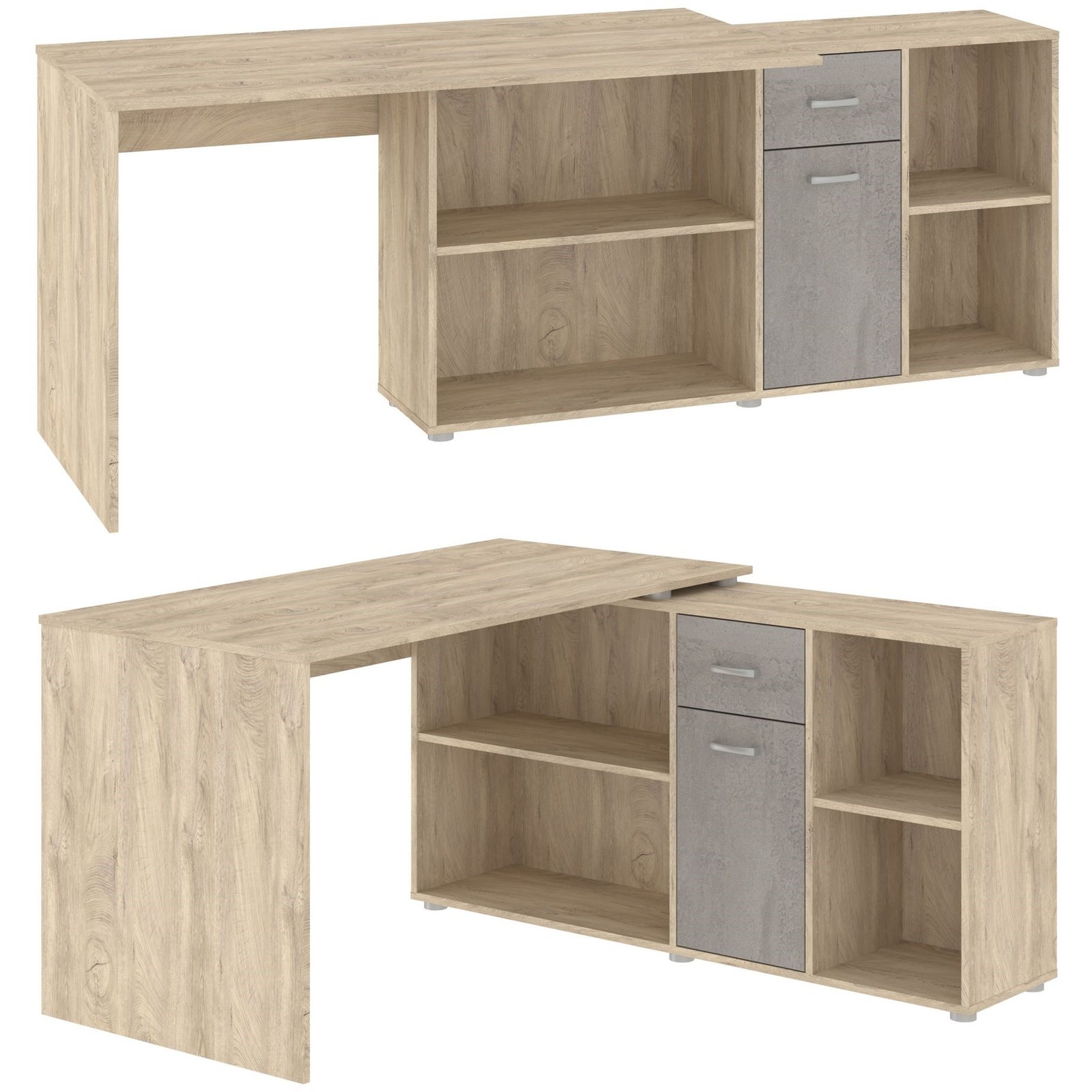 BEAT P corner table, straight, height-adjustable, gaming table, oak edges, concrete gray