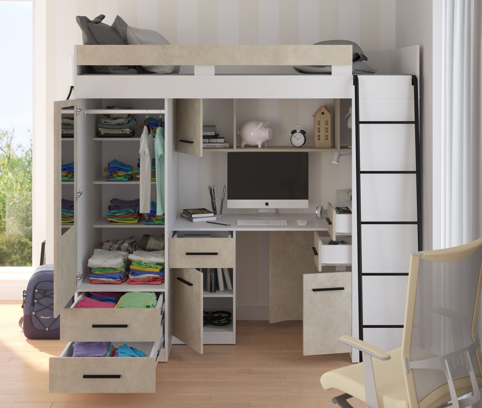 SMYK P mezzanine with desk, wardrobe and chest of drawers, white, almond color - Image 5