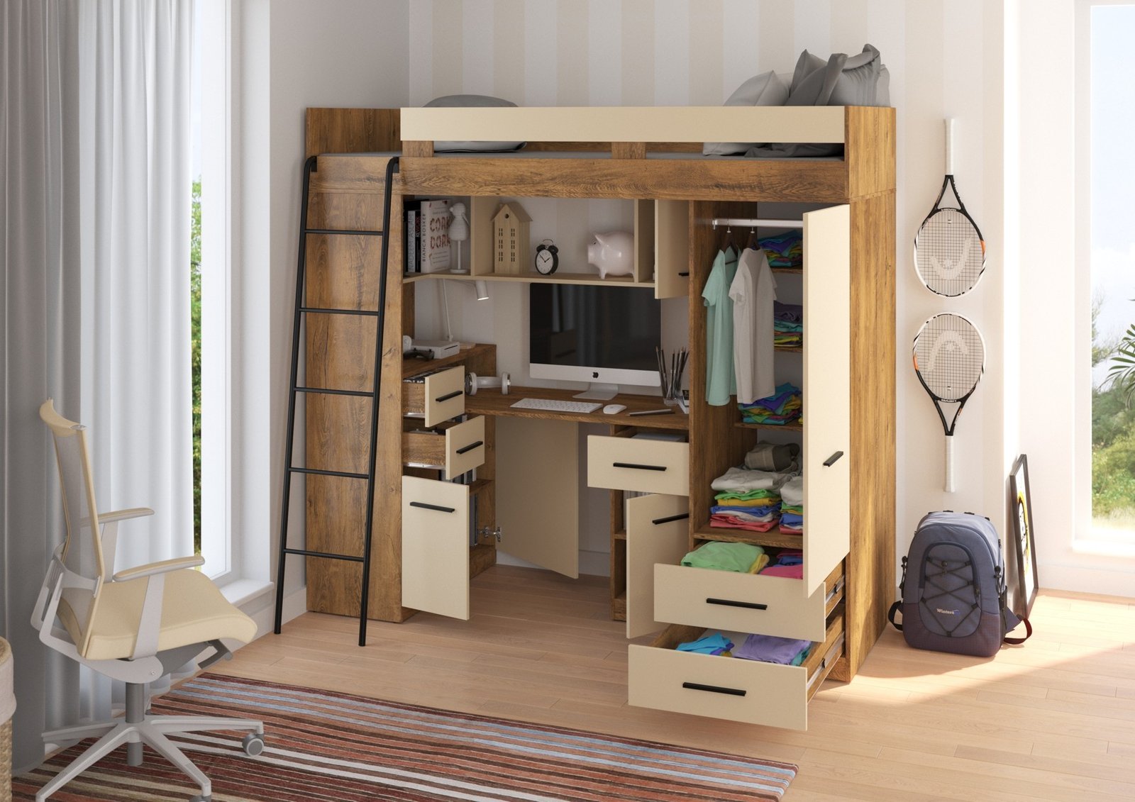 SMYK L mezzanine without mat, burgundy oak / cream - Image 2