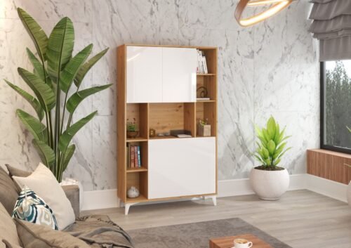 MEGAN 2-piece furniture, bookshelf + desk, artisan oak / glossy white