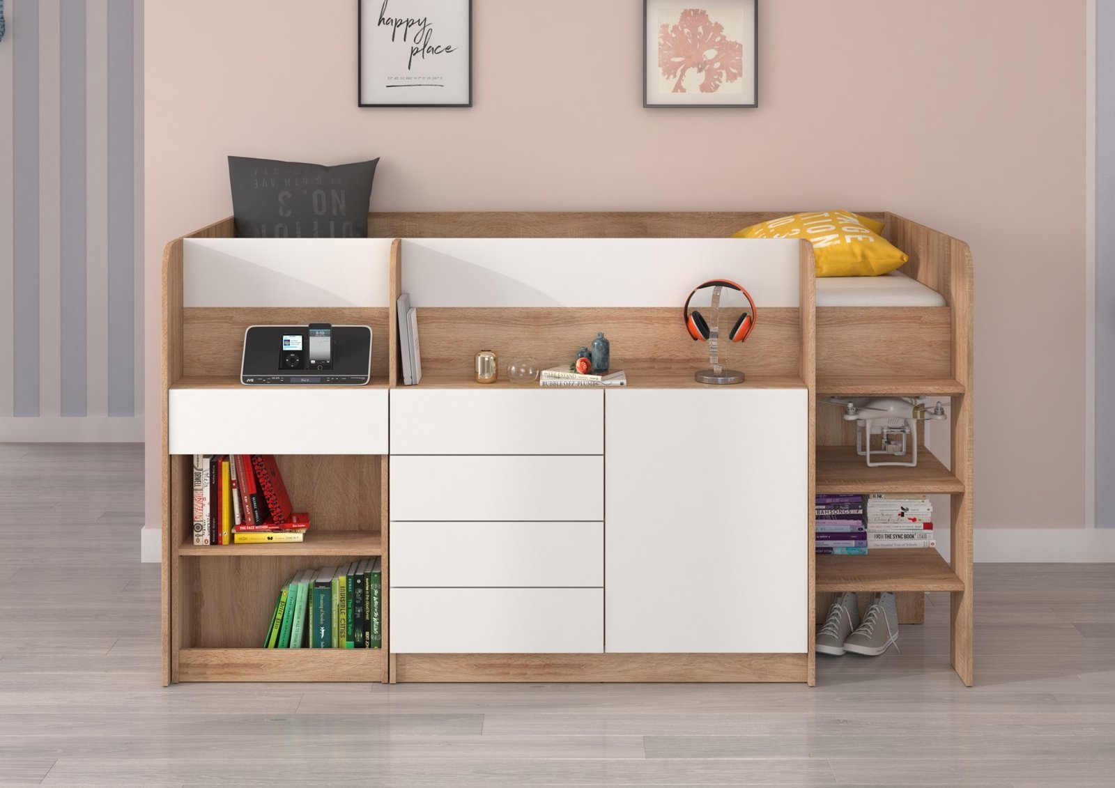 EMI P bunk bed, desk, chest of drawers, mezzanine, Sonoma oak, white - Image 3