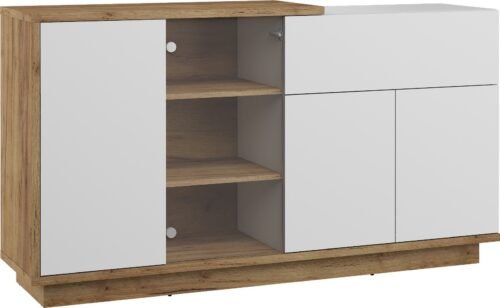 HYBRID 08 furniture display cabinet with drawer for living room, oak color, gold and white colorHYBRID
