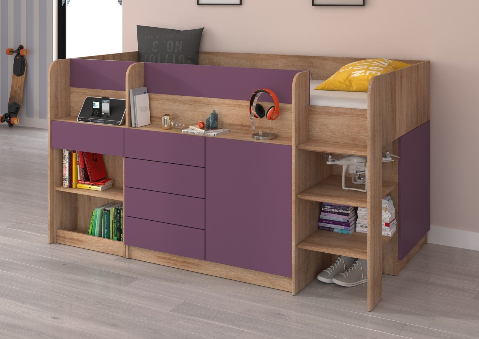 EMI P bunk bed, desk, chest of drawers, mezzanine, Sonoma oak, purple - Image 2