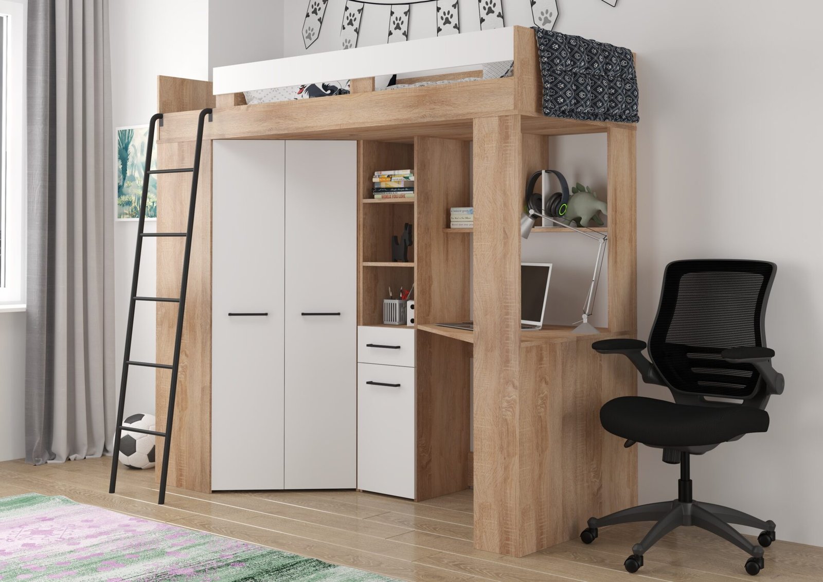 FLO L bunk bed with desk, corner wardrobe, mezzanine, Sonoma oak, white - Image 2
