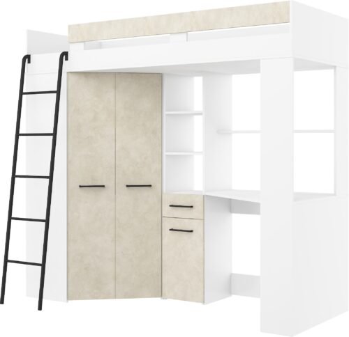 Bunk bed with table, corner wardrobe, mezzanine FLO L, white, almond color