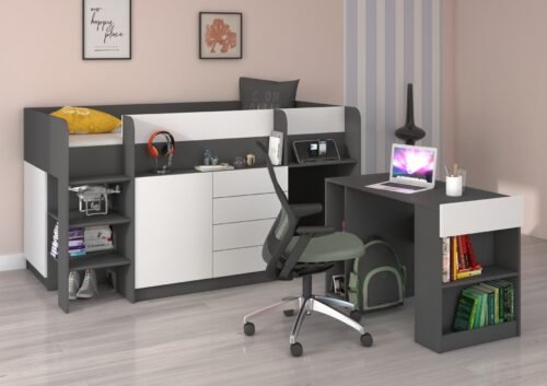 EMI L bunk bed, desk, chest of drawers, mezzanine, graphite/white