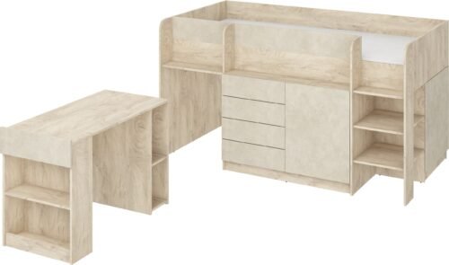 Bunk bed, desk, chest of drawers, mezzanine, EMI P, oak, top patterns, almond color