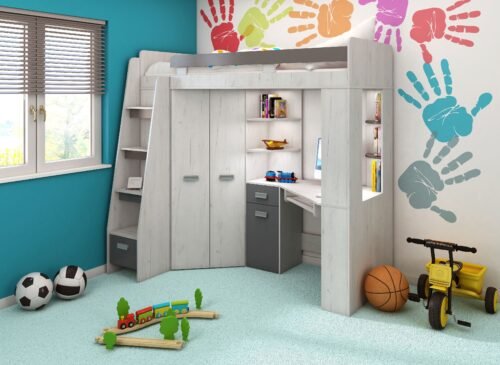 Bunk bed with table, corner wardrobe, mezzanine SOLA L craft white graphite