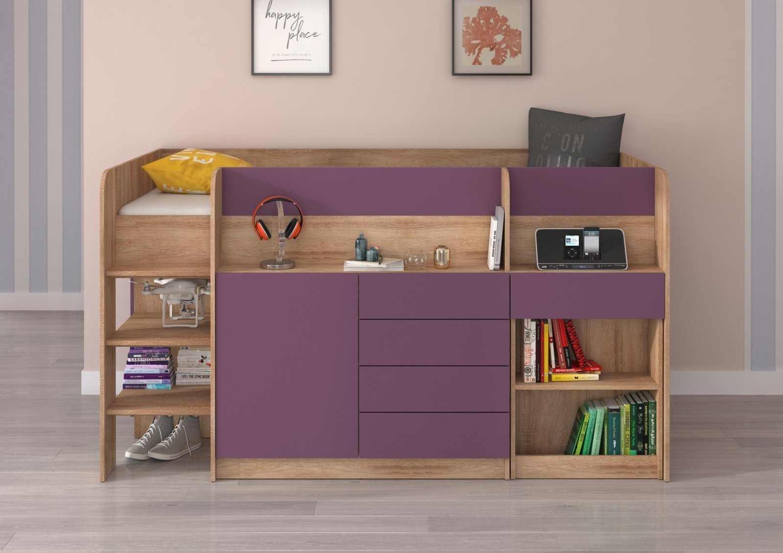 EMI L bunk bed, desk, chest of drawers, mezzanine, Sonoma oak, purple - Image 3