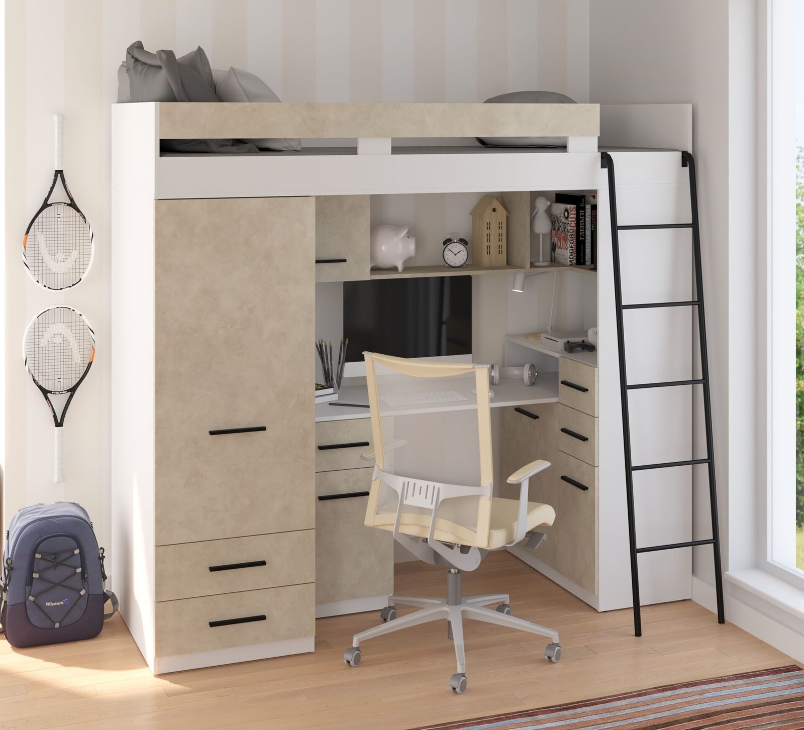 SMYK P mezzanine with desk, wardrobe and chest of drawers, white, almond color - Image 2