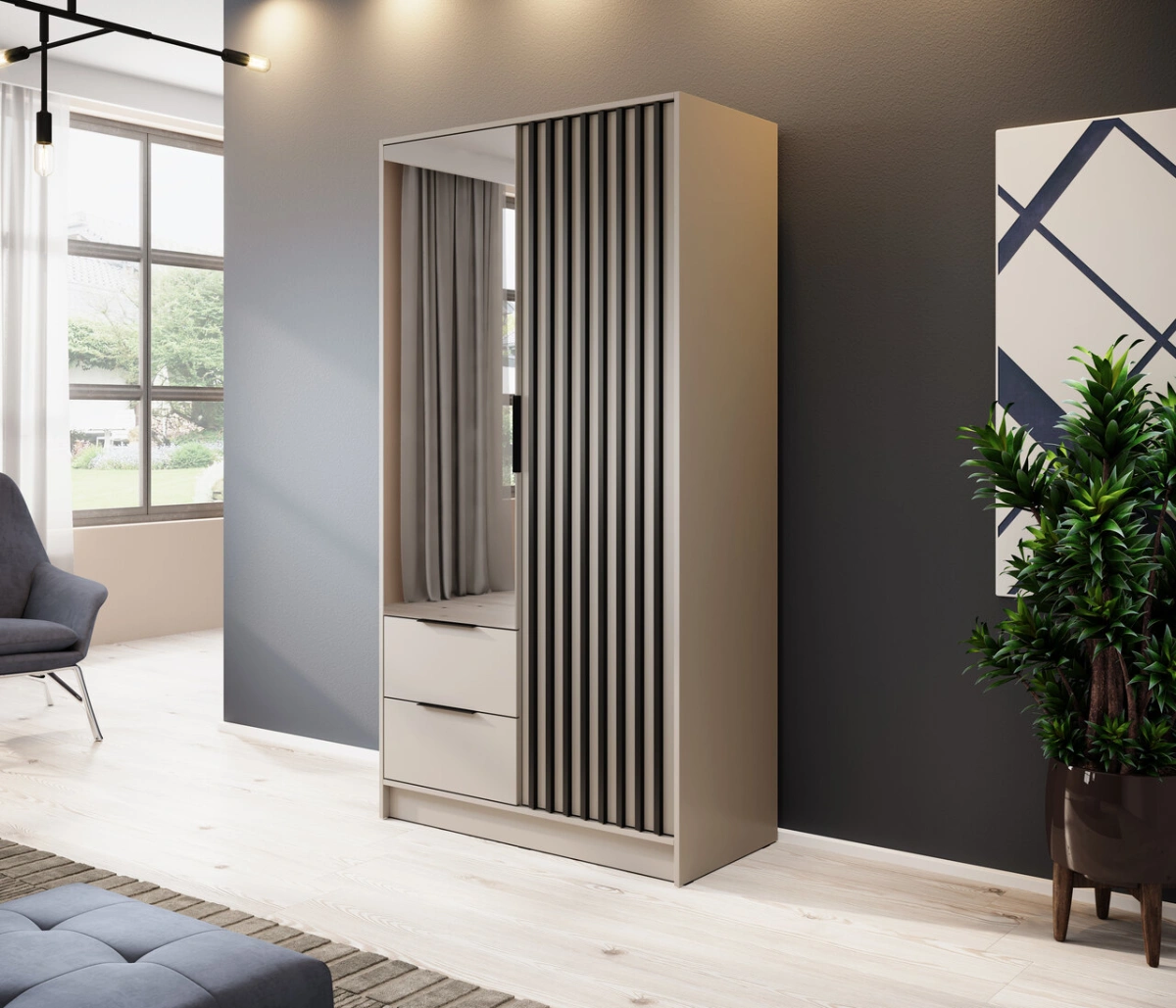 Nelly 2D wardrobe with cashmere lattice and mirror