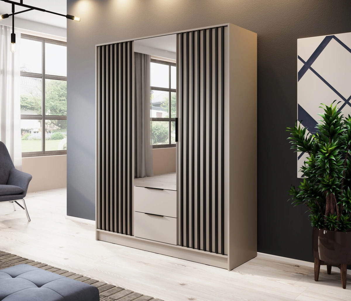 Nelly 3D wardrobe with cashmere lattice and mirror
