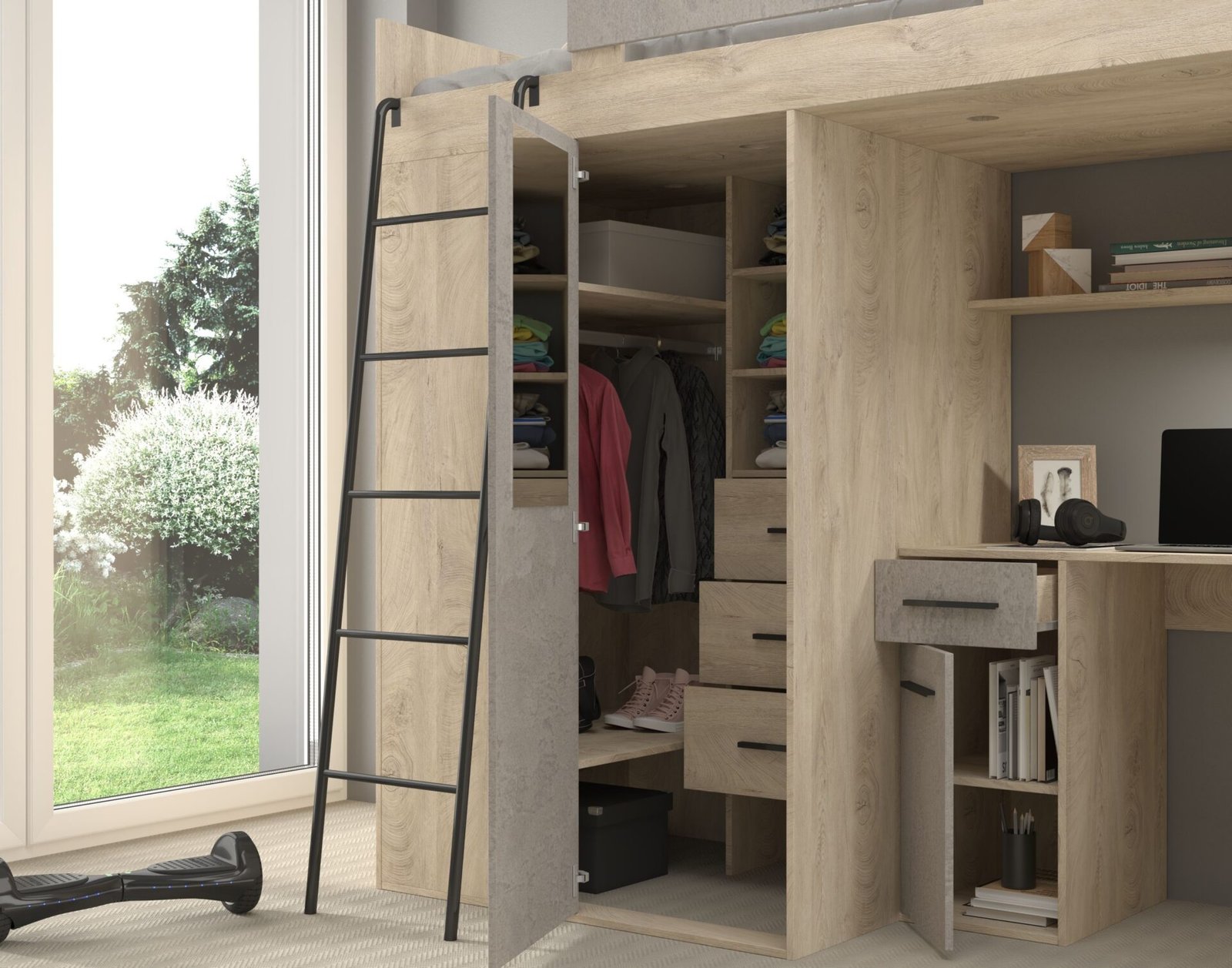 RAVENA L mezzanine with table, wardrobe and chest of drawers, painted oak, concrete - Image 5
