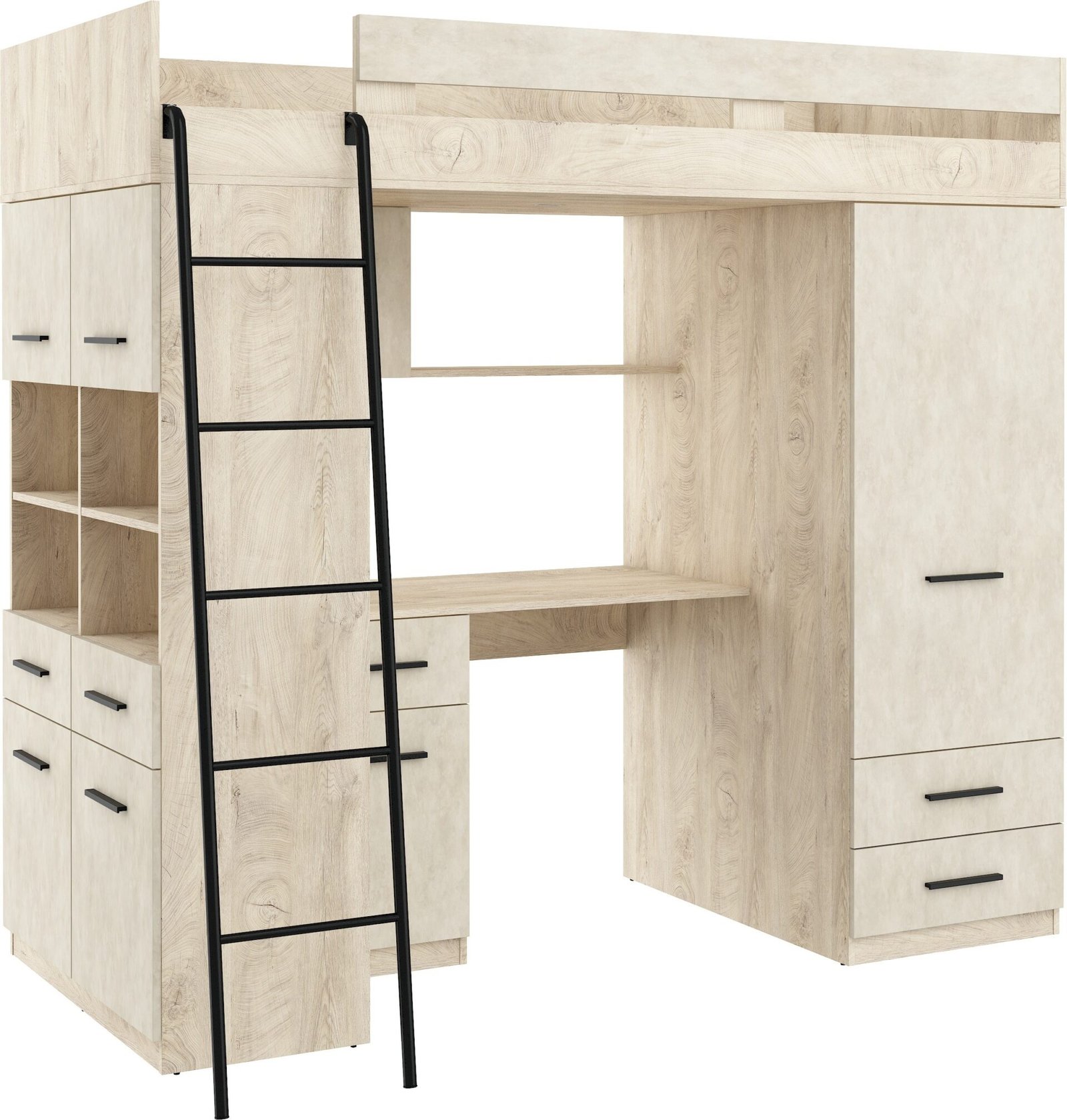 VELVE L mezzanine with table, wardrobe, chest of drawers, engraved oak, almond color