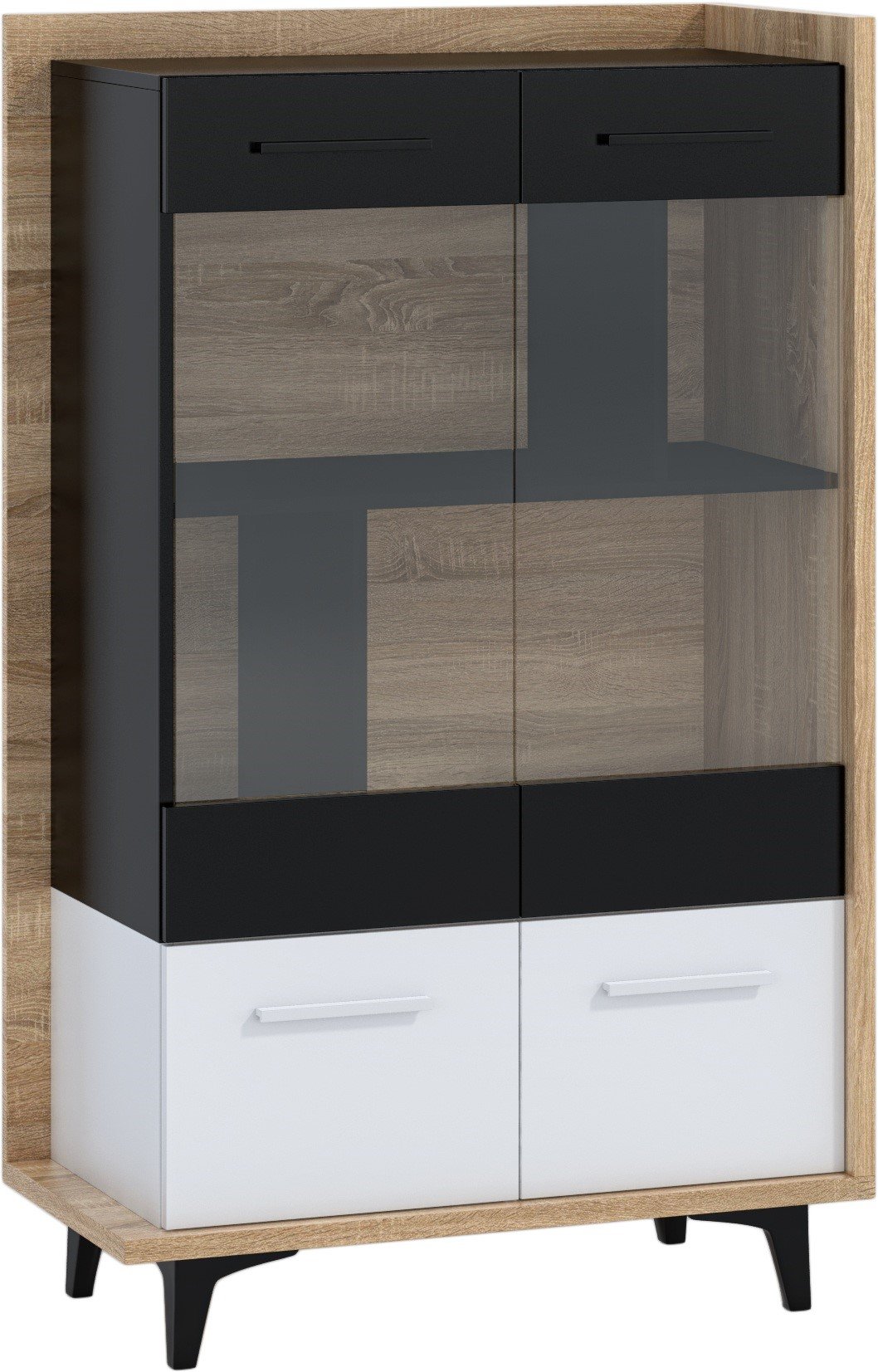 BOX 12 furniture, low living room display cabinet with doors, Sonoma oak, white, black