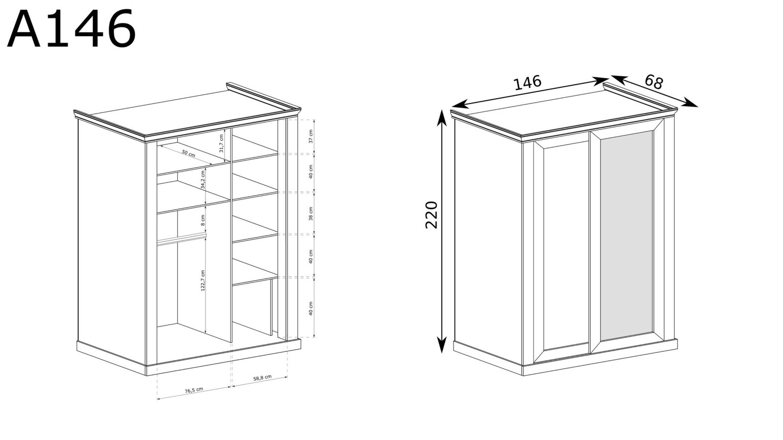 ANTICA-146 - Wardrobe with mirror, sliding doors, 2 drawers, gold, kraft - Image 4