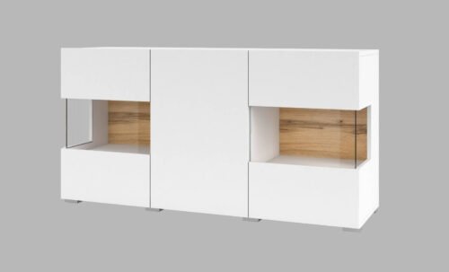 Ava chest of drawers with 3 doors, matt white/Wotan oak
